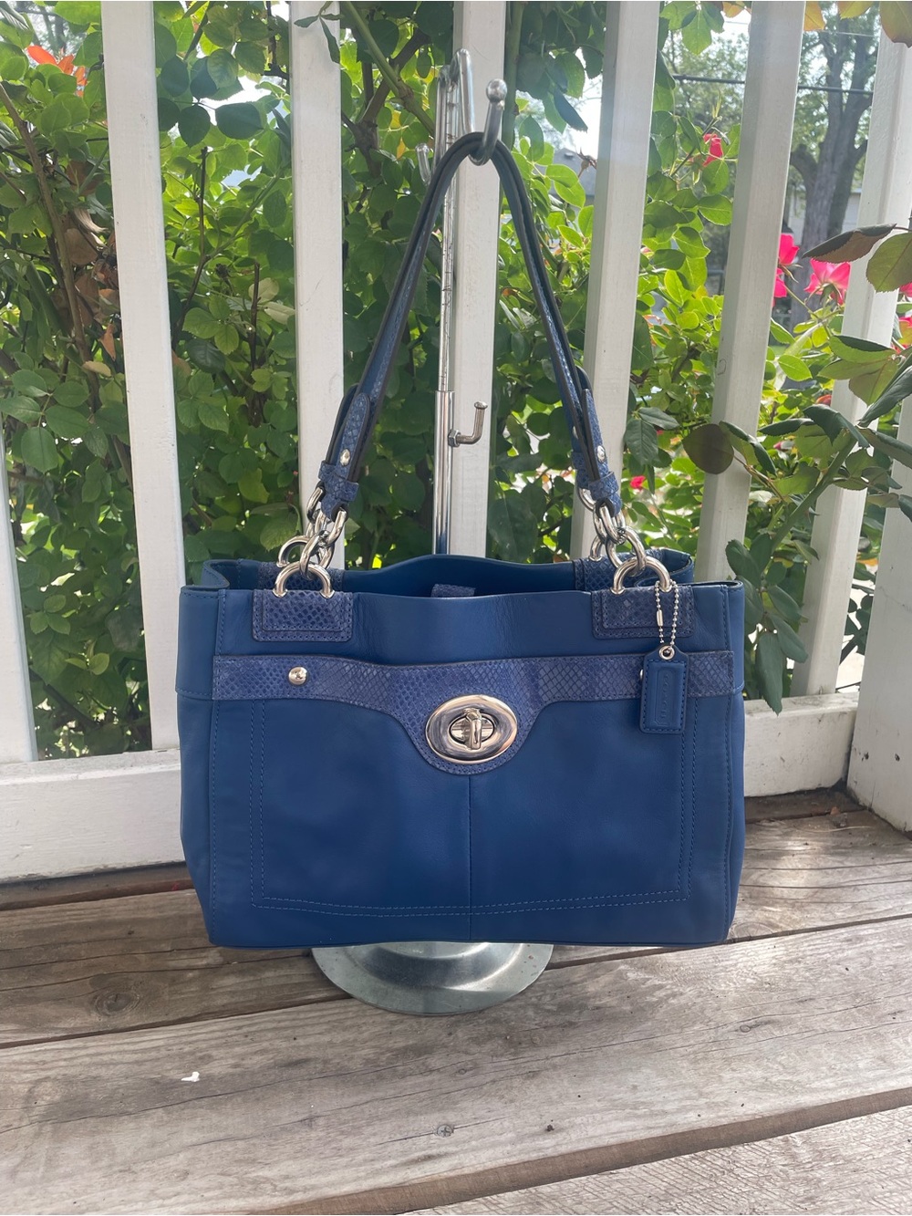 Coach Blue Leather-Trim Shoulder Tote with Turnlock